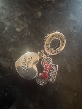 Pandora Silver Minnie Bow Heart Dangle Charm with Red Enamel